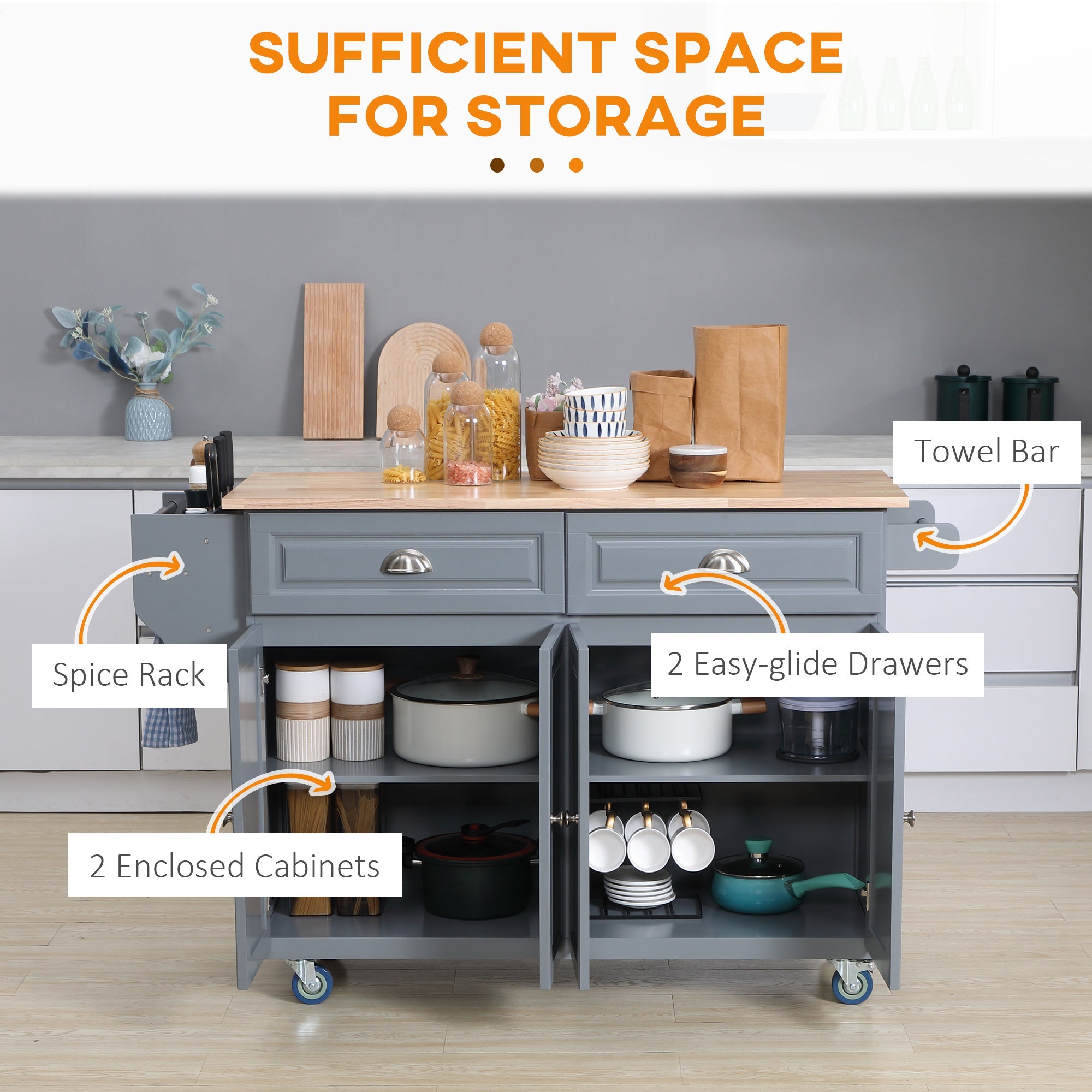 HOMCOM Rolling Kitchen Island: Drop-Leaf Wood Top, Drawers & Cabinets for Extra Storage, Grey 
