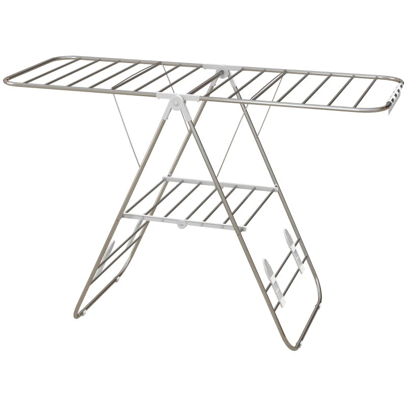 Clothes Drying Rack, 2-Tier Stainless Steel Foldable Laundry Rack with Adjustable Wings and Shoe Holders, Silver
