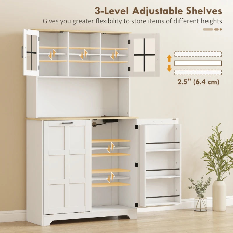 Kitchen Pantry Cabinet with Charging Station, 7 Gallon Trash Can Cabinet, Adjustable Shelves and Acrylic Doors, Multifunctional Cabinet, White