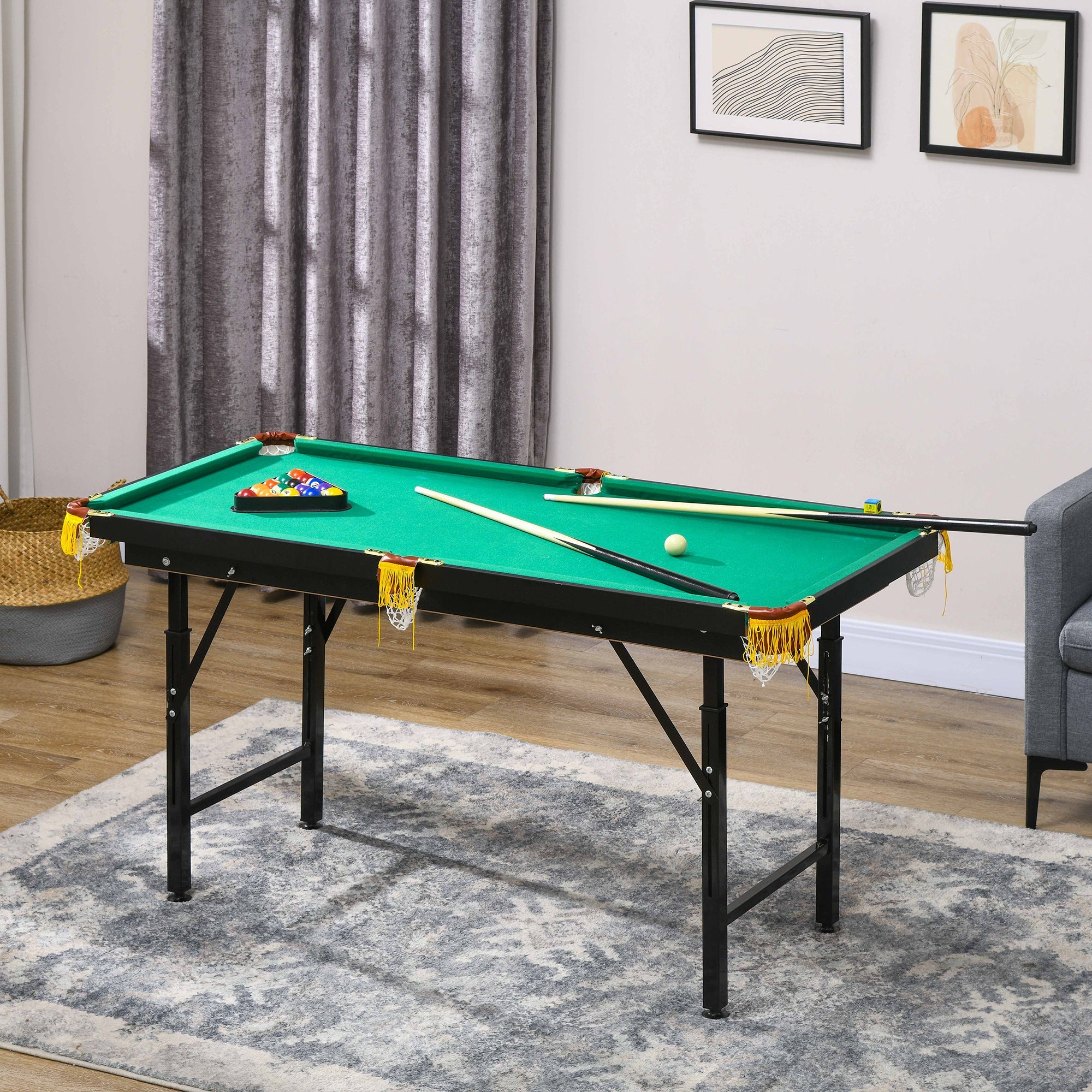 Soozier 55" Pool Table Set Folding Billiard Table with Adjustable Height, 2 Cues, 16 Balls, 2 Chalks, Triangle, Brush, Green 