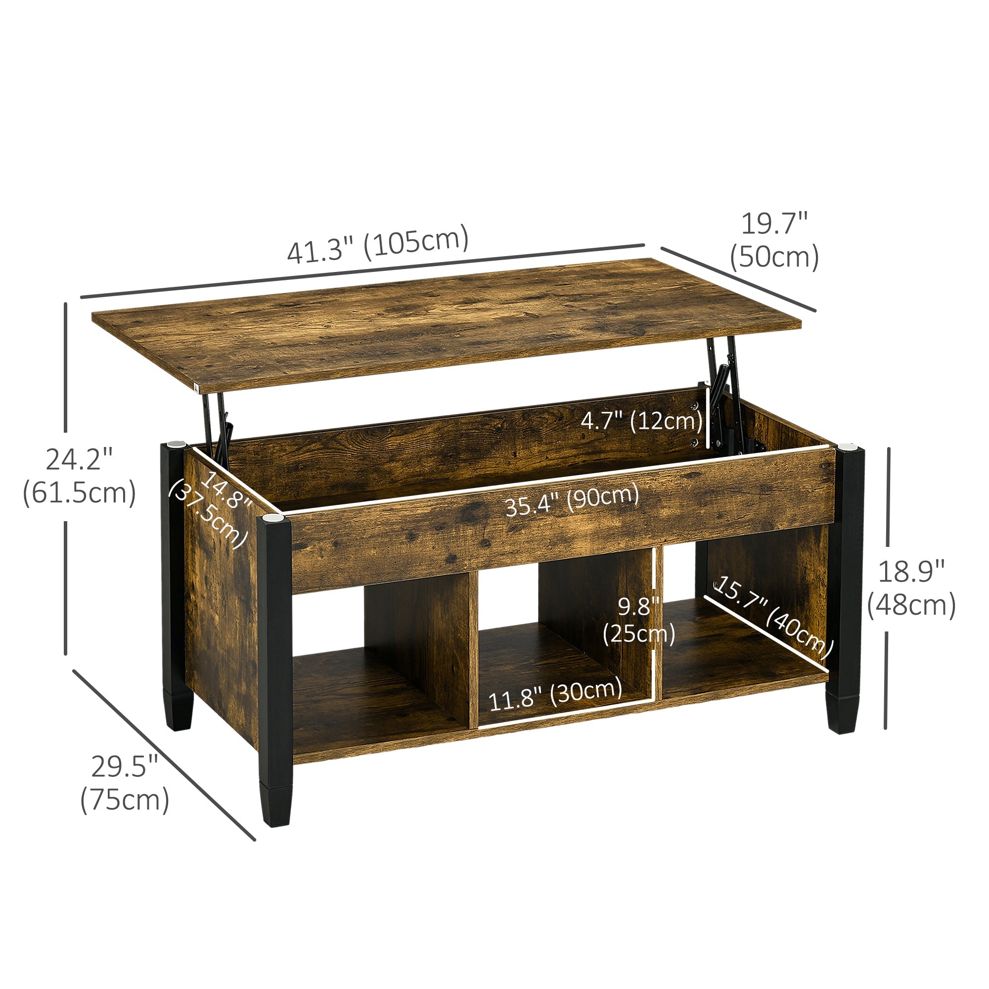HOMCOM Rustic Lift-Top Retreat: Coffee Table with Hidden Storage, 3 Lower Shelves, Pop-Up Design in Brown Finish for Living Room 