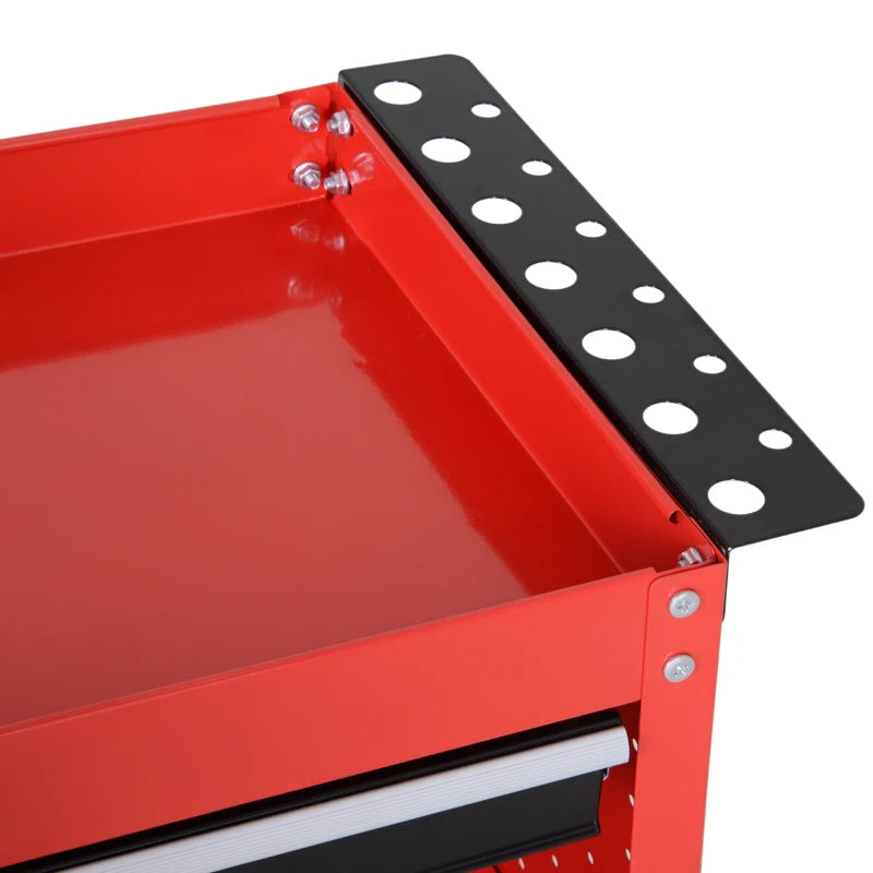Tool Cart on Wheels, Utility Cart with Wheels, Ball Bearing Drawer, Storage Trays for Garage, Warehouse, Workshop, Red