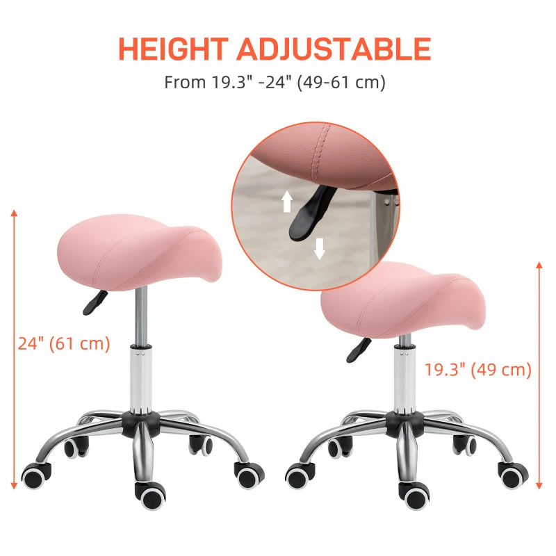 Cosmetic Stool 360° Rotate Height Adjustable Salon Massage Spa Chair Hydraulic Rolling Faux Leather Saddle Stool, Pink