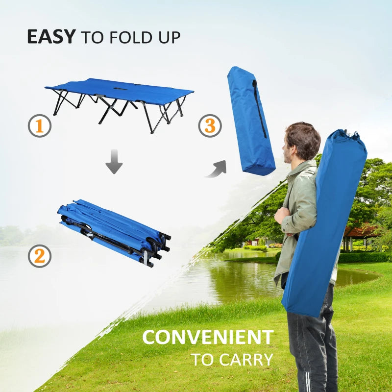 76" Two Person Folding Camping Cot Outdoor Portable Double Cot Wide Military Sleeping Bed w/ Carrying Bag Blue