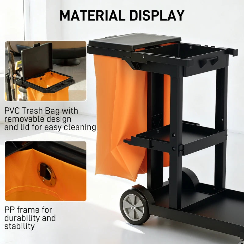 Commercial Janitorial Cart with 3 Tier Shelves, Cleaning Cart with Rubbish Bag and Mop Mount for Hotel Restaurant, Grey