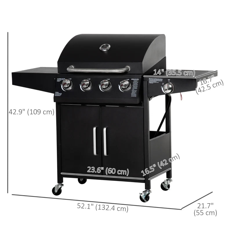 Outsunny 4+1 Burner Liquid Propane Gas Grill, Outdoor Portable BBQ Grill with Side Burner, Warming Rack, Side Shelf