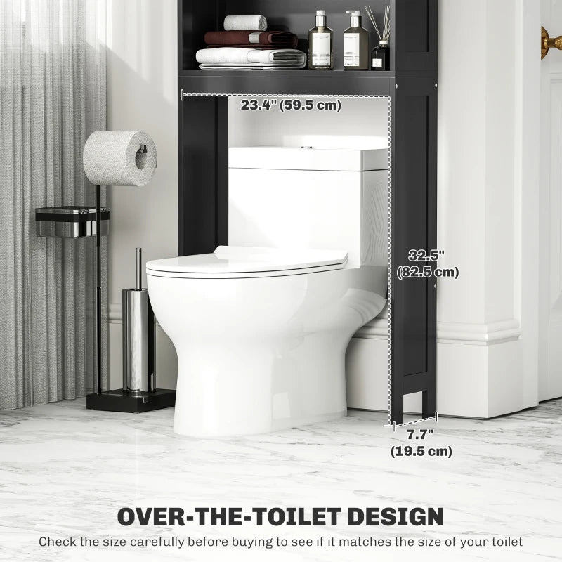 Modern Over The Toilet Storage, Bathroom Cabinets Over Toilet with Open Shelves and Double Door Cabinet, Black