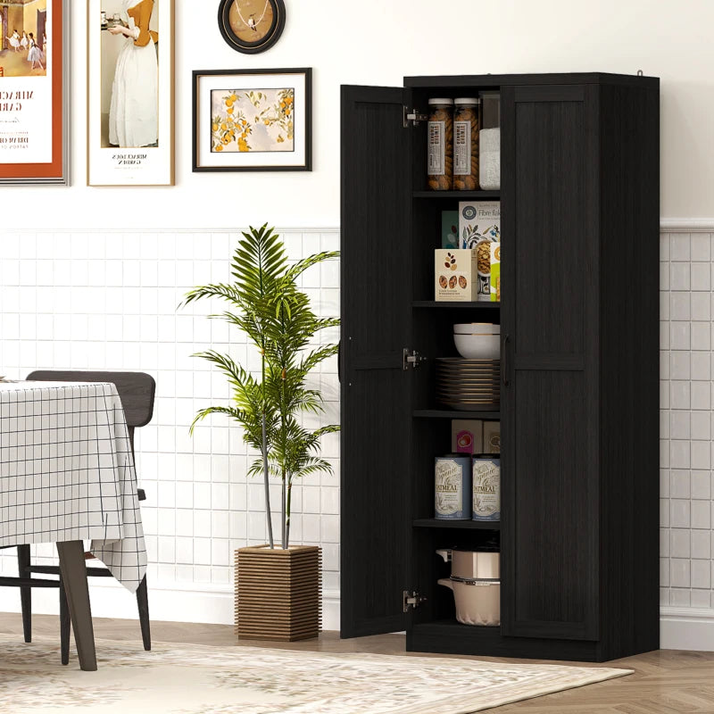 63" Kitchen Storage Cabinet, 5-tier Pantry Cabinet with Doors and Adjustable Shelves for Dining Room, Black