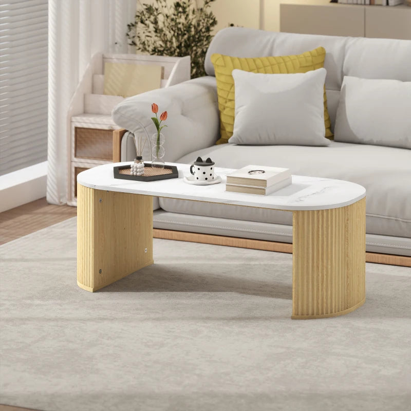 Coffee Table, Modern Marble-Effect Living Room Table with Round Corners and Thicken Legs, Natural Wood