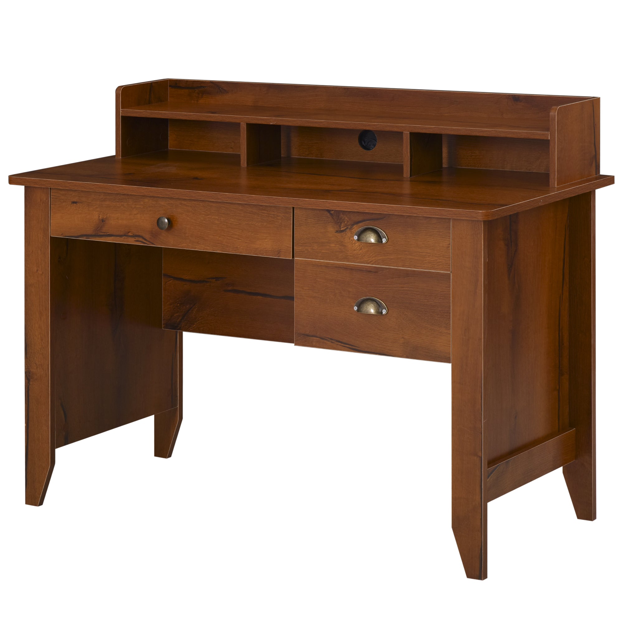 HOMCOM Home Office Desk with Hutch Storage Brown Writing Table with Drawers Shelf & Cable Management for Study Workstation 