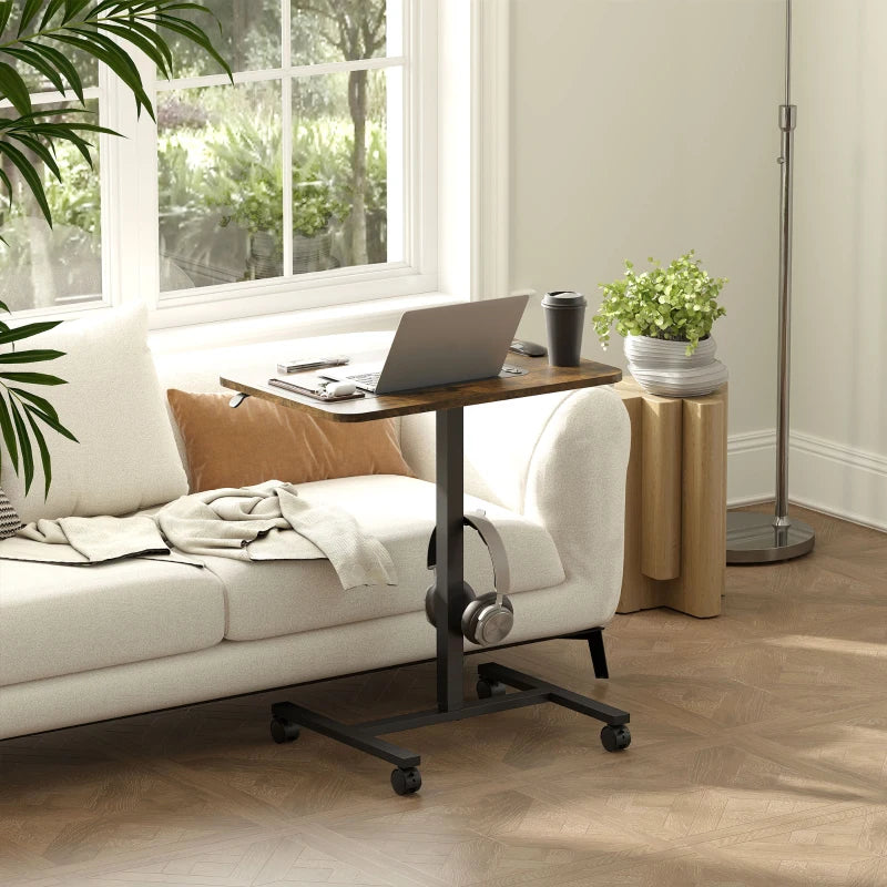 Height Adjustable Standing Desk, Pneumatic Sit Stand Desk with Wheels and Headphone Hook, Rustic Brown