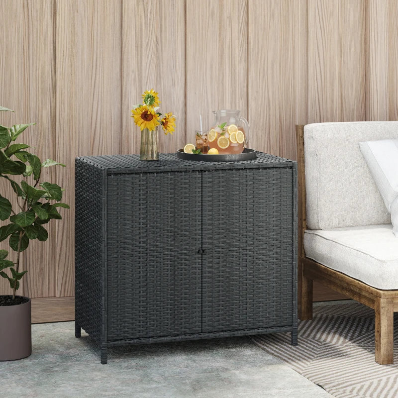 Wicker Outdoor Storage Cabinet Double Magnetic Doors, PE Rattan Outdoor Towel Rack for Pool, Patio, Dark Grey