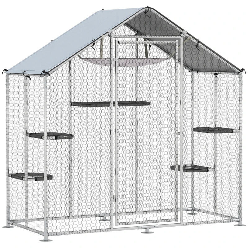 Large Catio Outdoor Cat Enclosure with Waterproof Cover, Walk-in Cat Patio w/ 5 Adjustable Platforms & Hammock