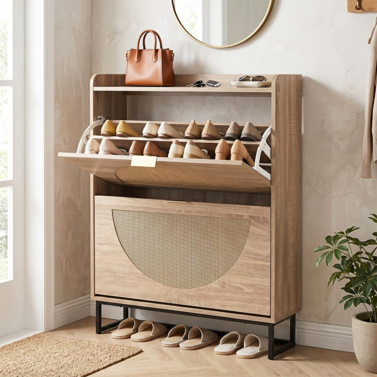 Slim Shoe Storage Cabinet with 2 Flip Drawers, Adjustable Shelves & Faux Rattan Doors