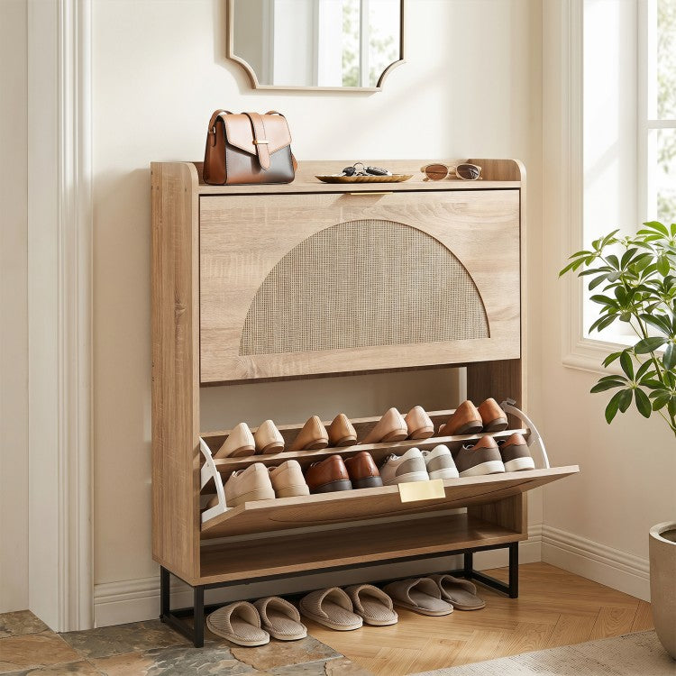 Slim Shoe Storage Cabinet with 2 Flip Drawers, Adjustable Shelves & Faux Rattan Doors