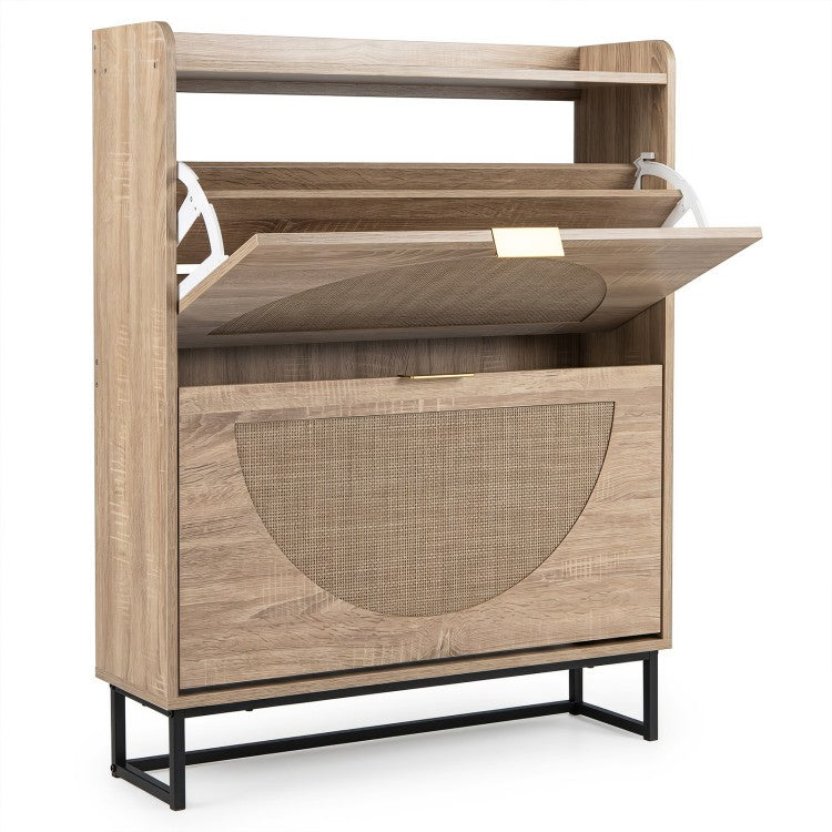 Slim Shoe Storage Cabinet with 2 Flip Drawers, Adjustable Shelves & Faux Rattan Doors