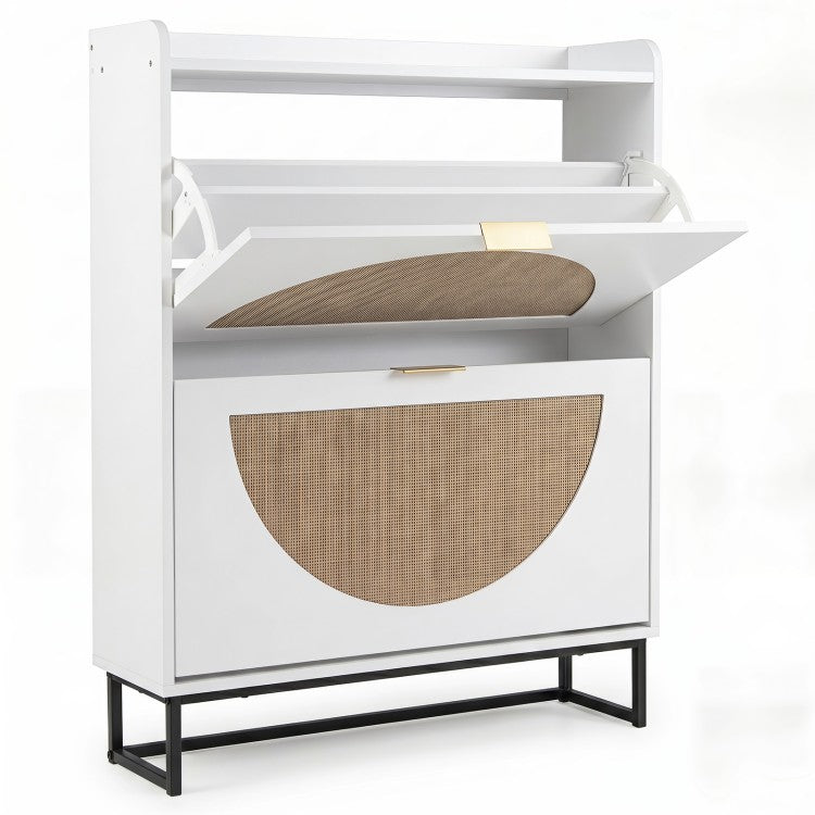 Slim Shoe Storage Cabinet with 2 Flip Drawers, Adjustable Shelves & Faux Rattan Doors
