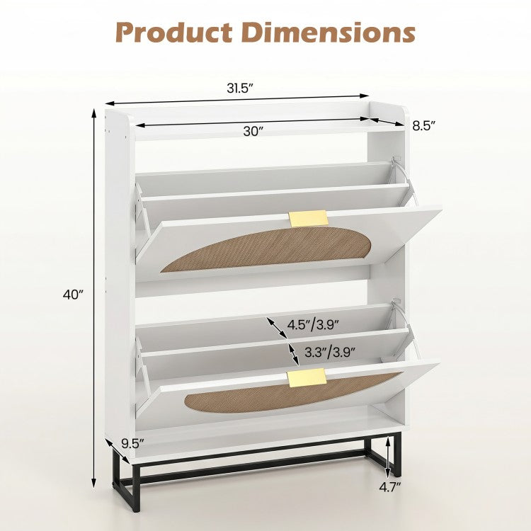 Slim Shoe Storage Cabinet with 2 Flip Drawers, Adjustable Shelves & Faux Rattan Doors