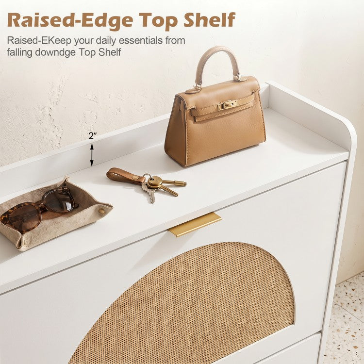 Slim Shoe Storage Cabinet with 2 Flip Drawers, Adjustable Shelves & Faux Rattan Doors