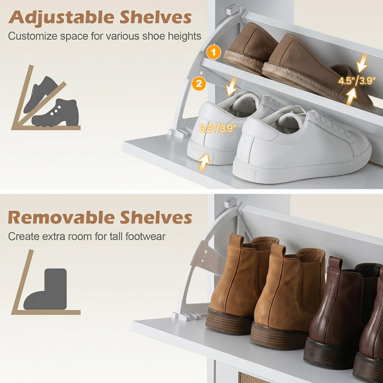 Slim Shoe Storage Cabinet with 2 Flip Drawers, Adjustable Shelves & Faux Rattan Doors