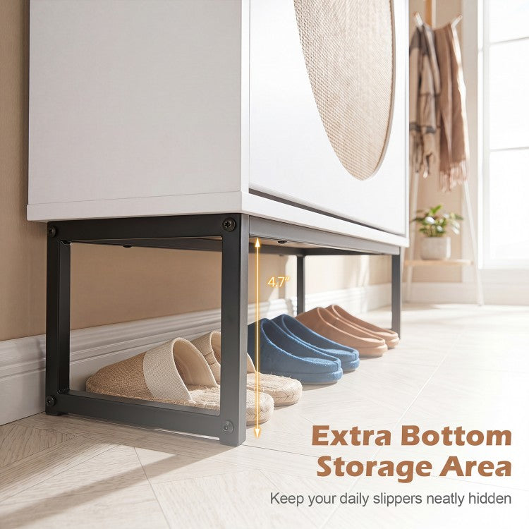 Slim Shoe Storage Cabinet with 2 Flip Drawers, Adjustable Shelves & Faux Rattan Doors