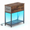 Narrow Side Table with Charging Station and LED Lights Industrial End Table-Brown
