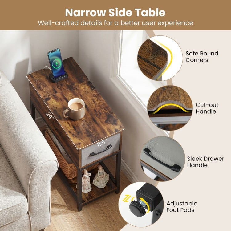Narrow Side Table with Charging Station and LED Lights Industrial End Table-Brown