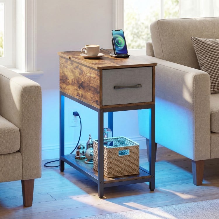 Narrow Side Table with Charging Station and LED Lights Industrial End Table-Brown