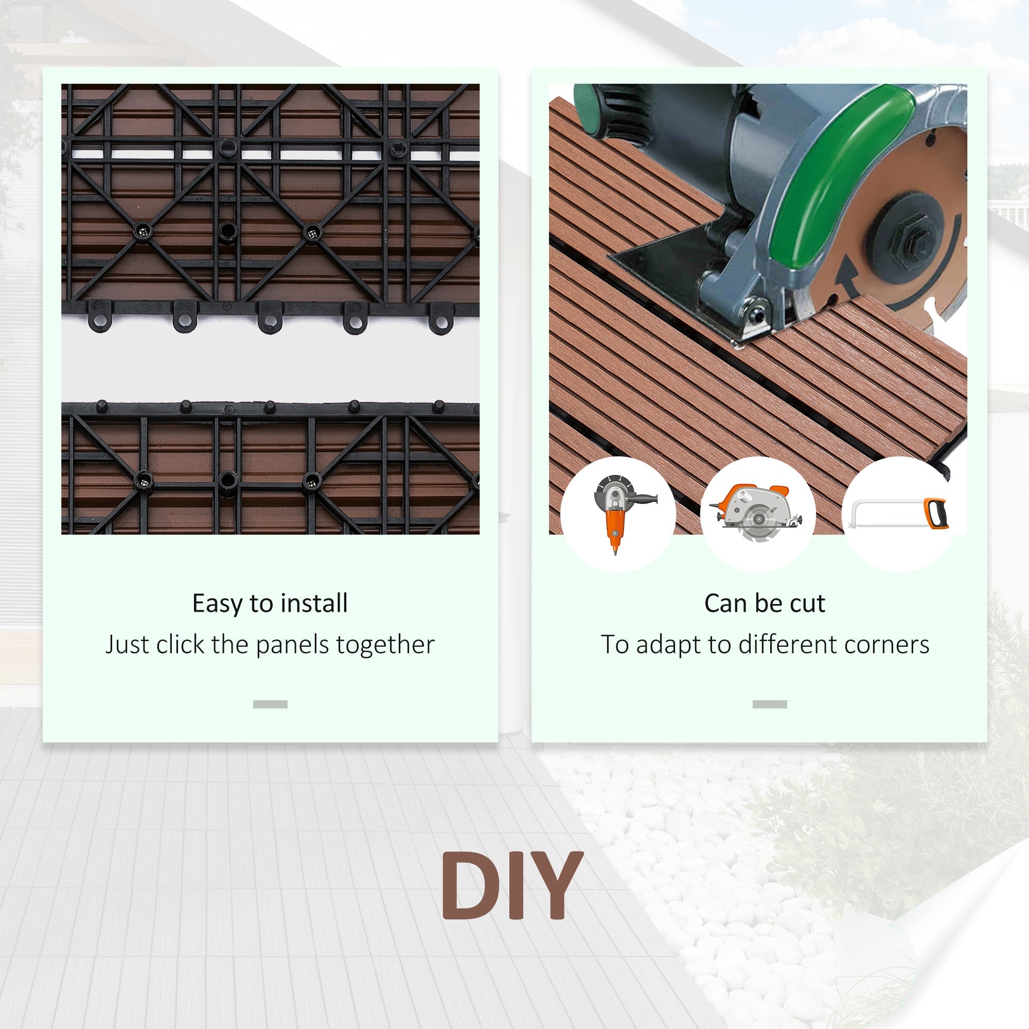 Outsunny 11 Pcs Plastic Interlocking Deck Tiles, 12" x 12" Non-slip Flooring Tiles for Indoor Outdoor Patio Balcony, Light Brown 