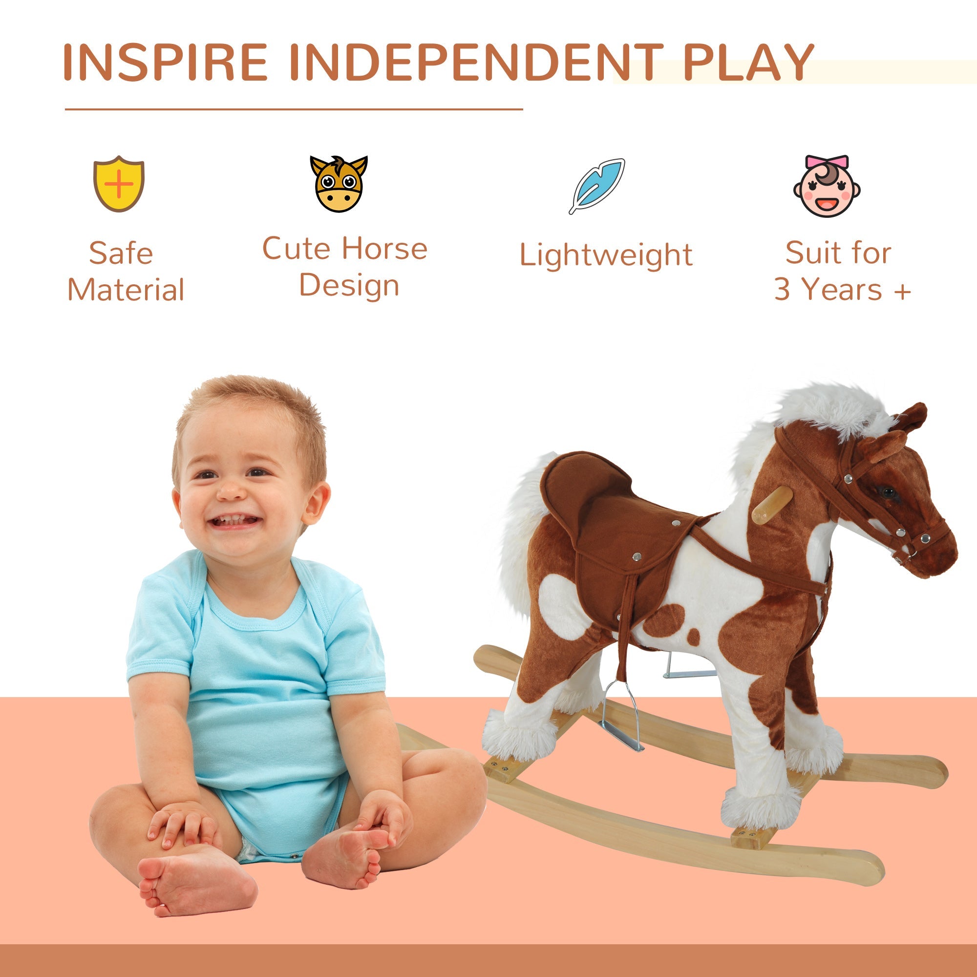 Qaba Kids Metal Plush Ride-On Rocking Horse Chair Toy w/ Nursery Rhyme Music - Light Brown / White 