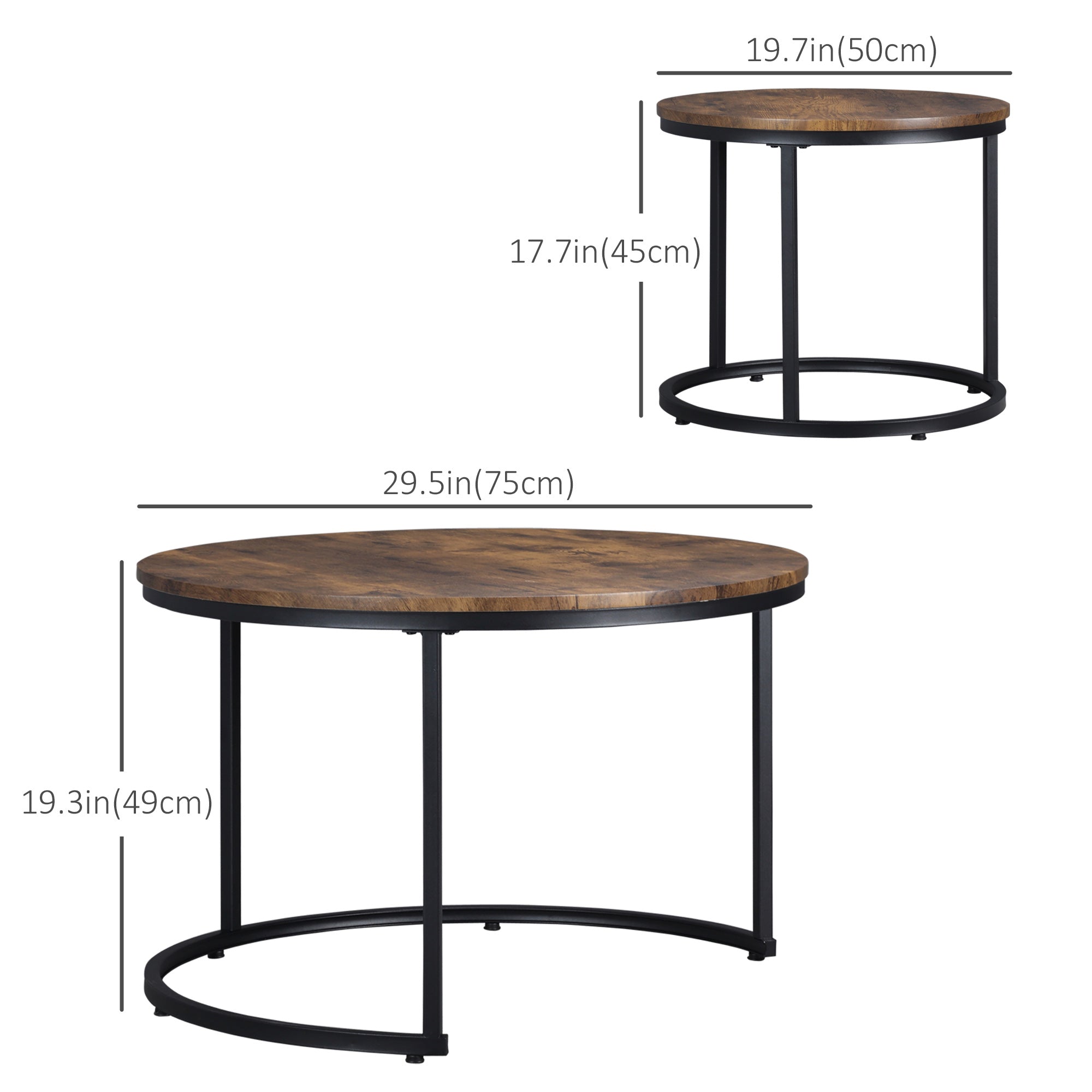 Homcom Rustic Nesting Coffee Tables: Round Set of 2 with Stacking Metal Frame for Cozy Living Room 