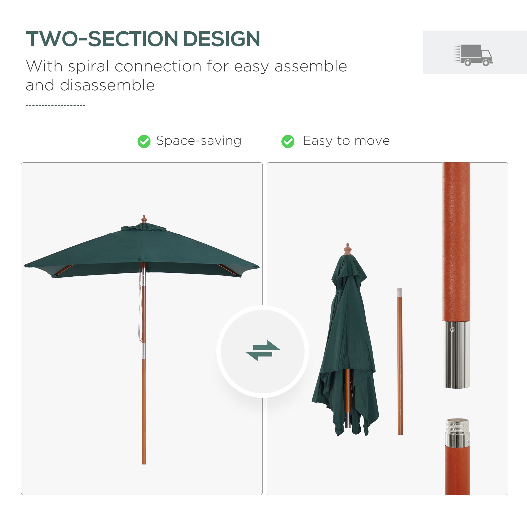 Outsunny Square Wooden Patio Umbrella: 6.6x5ft Tilt Mechanism with 6 Bamboo Ribs Sunshade, Green 