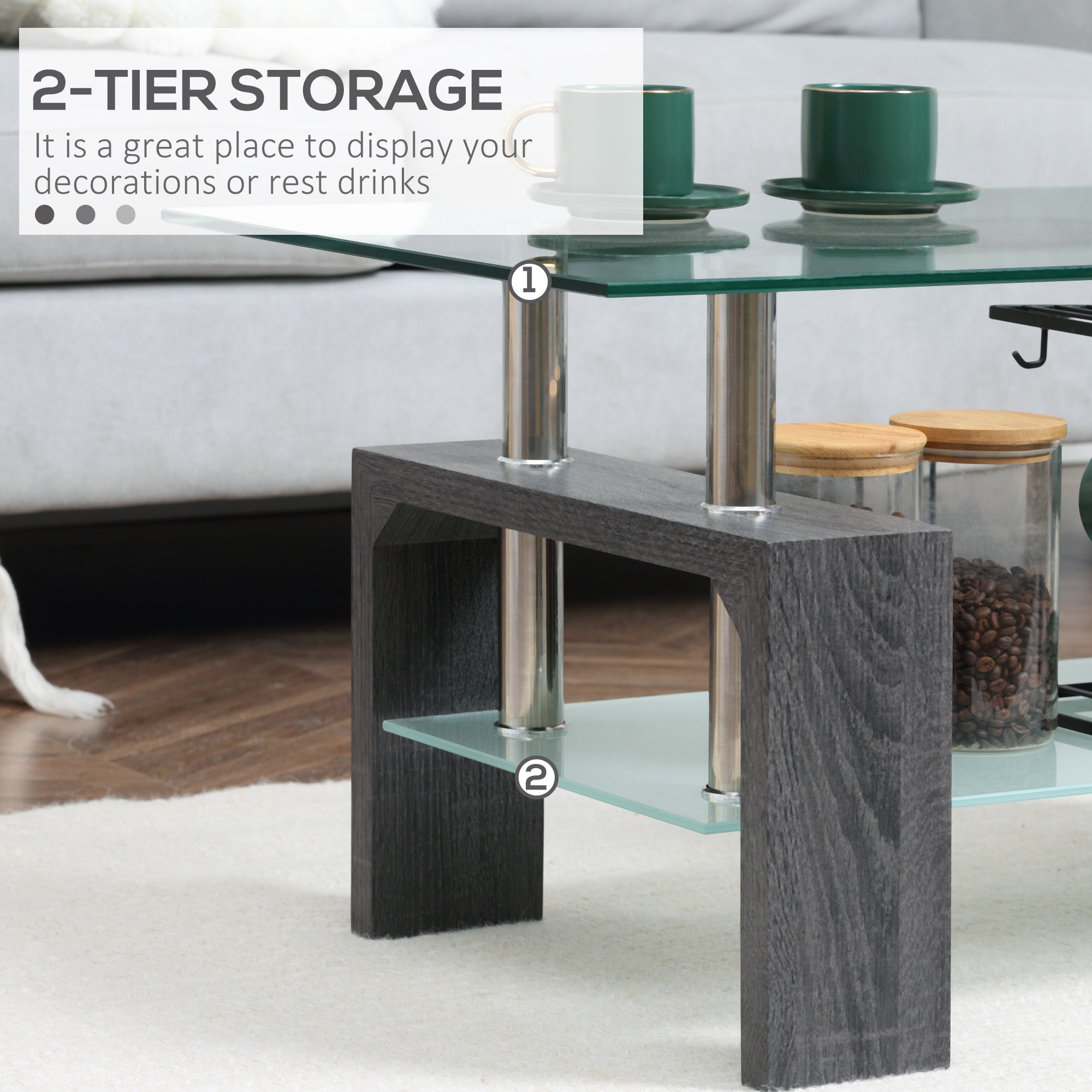 HOMCOM Modern Grey Centerpiece: Rectangle Coffee Table with Storage Shelf, 2-Tier Tempered Glass Top for Living Room 
