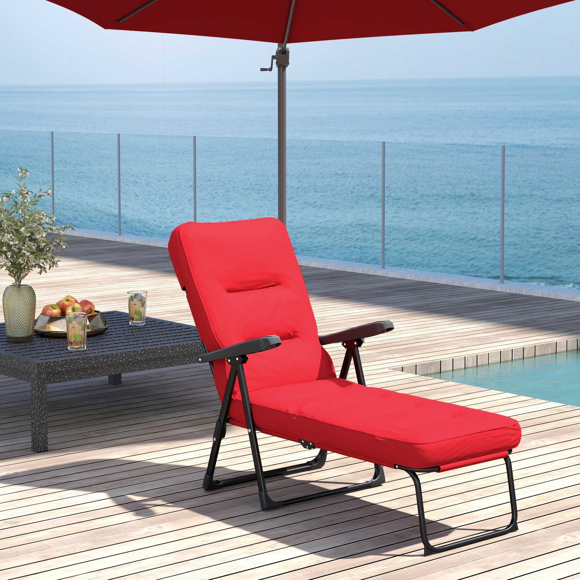 Outsunny Folding Outdoor Lounge Chair with Cushion, Adjustable Backrest, Reclining Patio Garden Chair with Footrest, Wine Red 