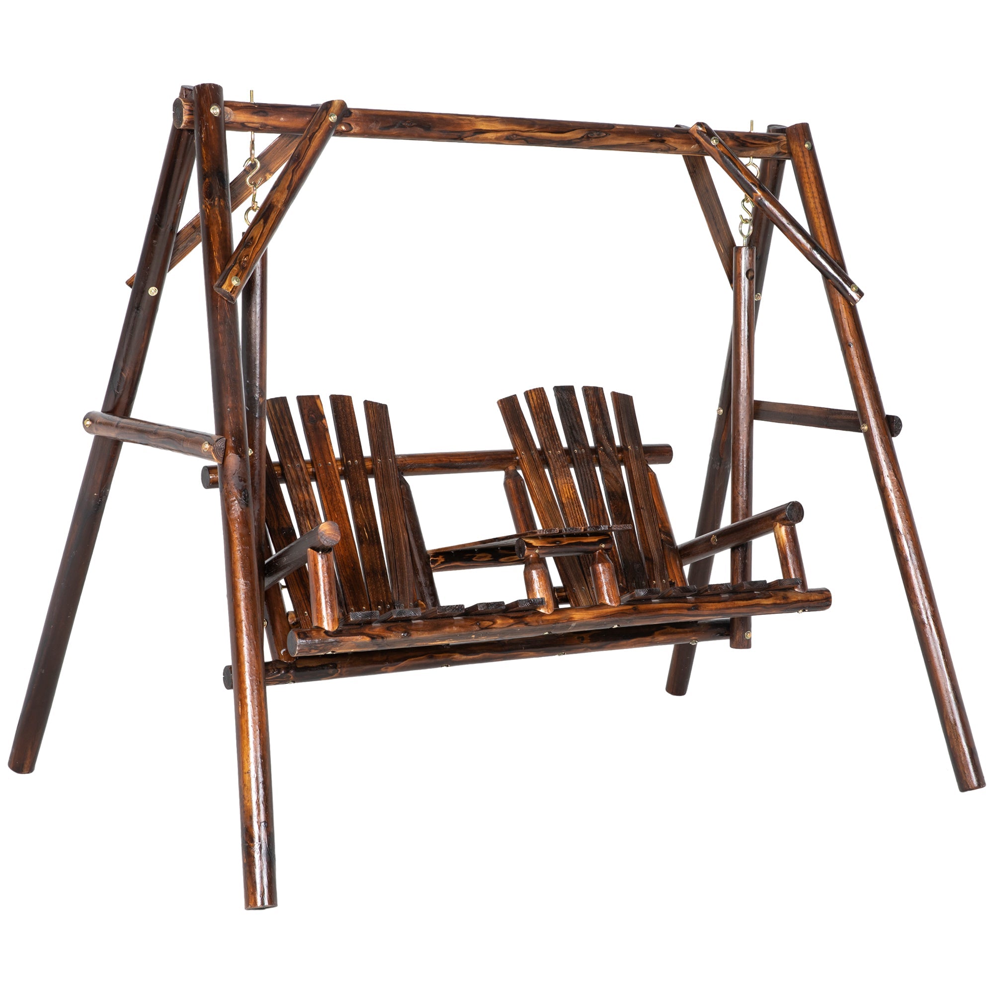 Outsunny Wooden Porch Swing with 2-Seat Design, A-Frame Outdoor Bench, Relaxing Swing with Center Table 