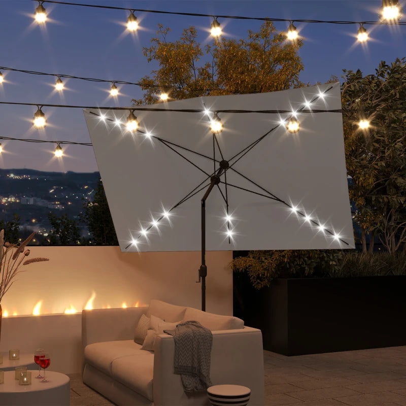 6.5x10ft Patio Umbrella Tilt Aluminum Outdoor Market Parasol with Solar Powered LEDs, Crank - Light Grey