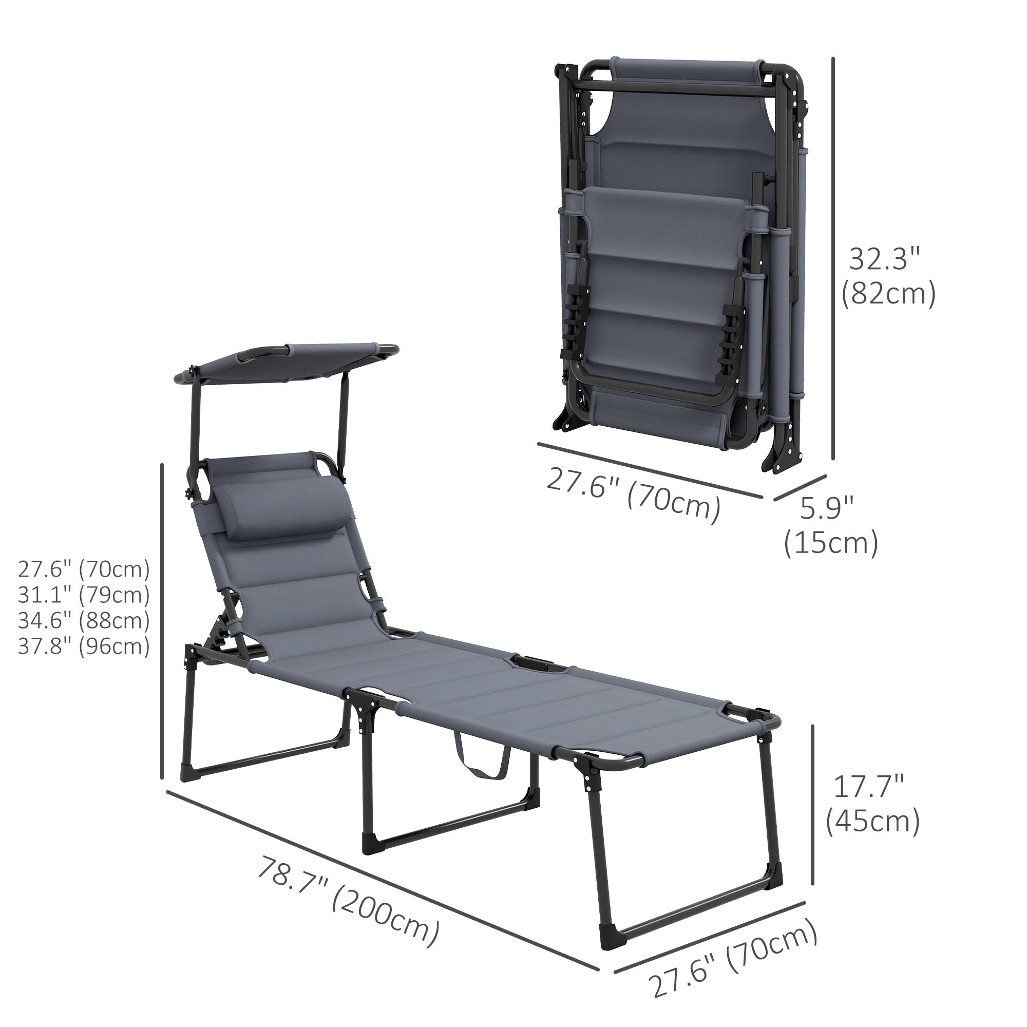 Outsunny Adjustable Folding Chaise Lounge Chair with Sunroof Quick Dry for Beach Patio Grey 