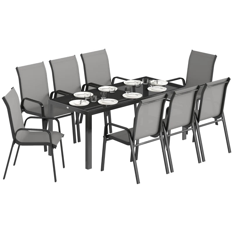 9 Pieces Patio Set with Stackable Chairs, Patio Dining Set with Glass Top for Garden, Patio, Backyard, Light Grey