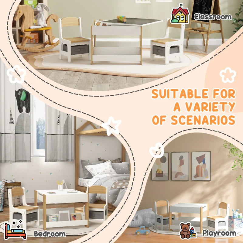 Qaba 3 Piece Kids Table and Chair Set with Reversible Tabletop, Blackboard, Storage, Bookshelf, for Playroom, Nursery Natural