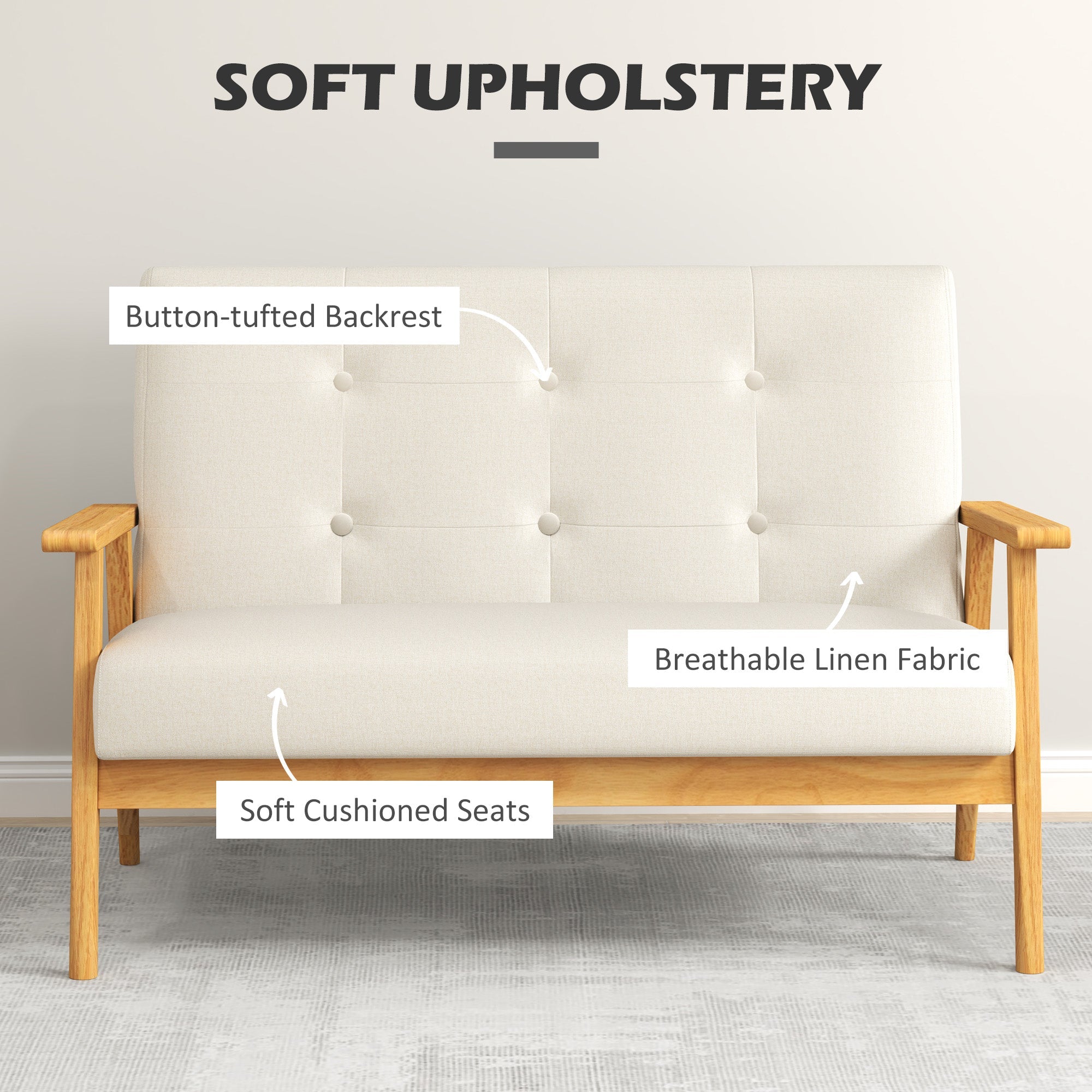 HOMCOM 45" 2 Seat Sofa, Upholstered Two Seater Couch with Rubber Wood Legs for Bedroom, Living Room, Beige 