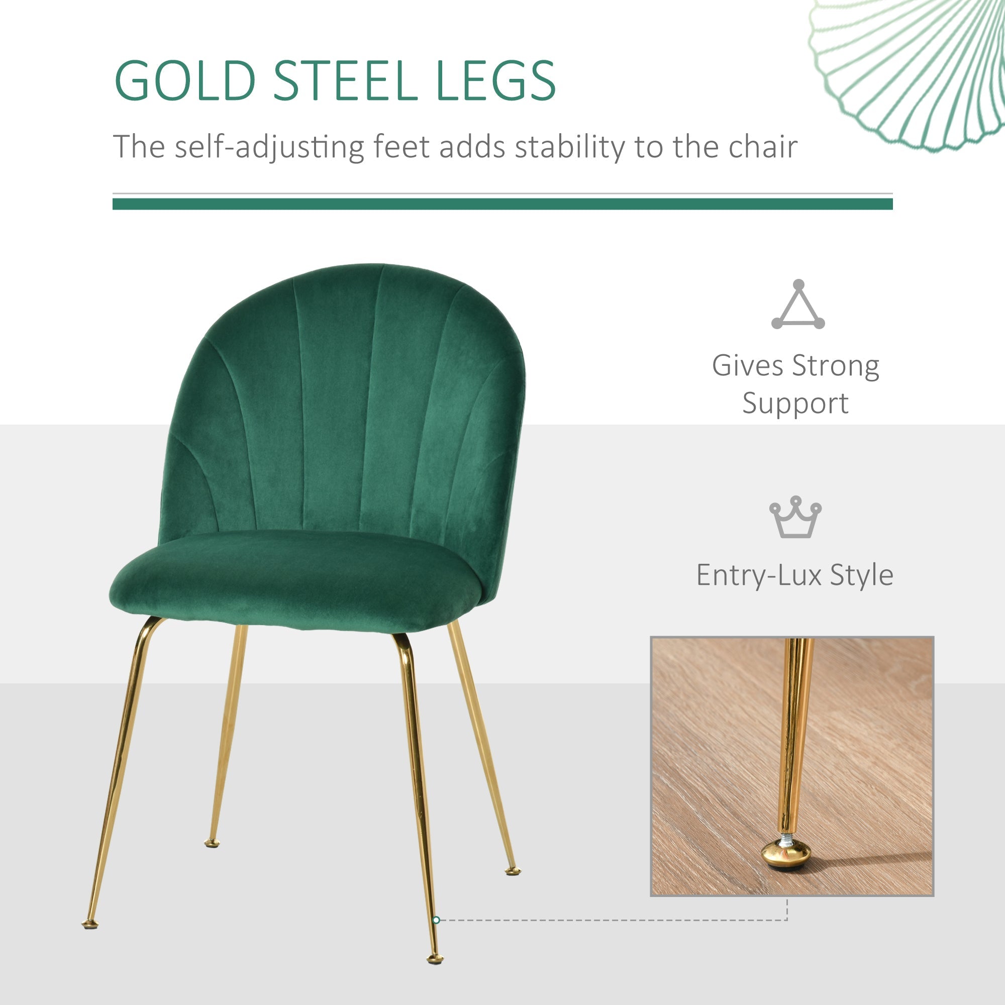HOMCOM Green Velvet-Touch Fabric Modern Dining Accent Chairs Set of 2 with Gold Metal Legs 