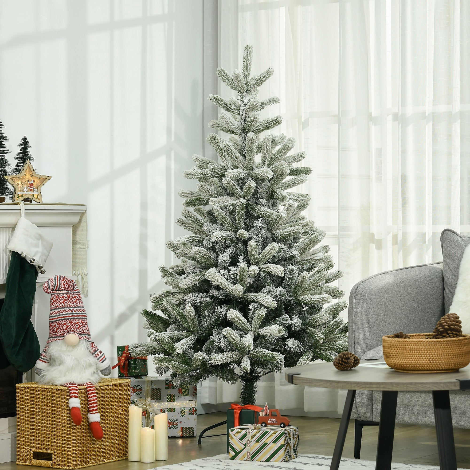 HOMCOM 5ft Artificial Snow-Flocked Tree Holiday Home Indoor Christmas Decoration with Metal Feet, Green 