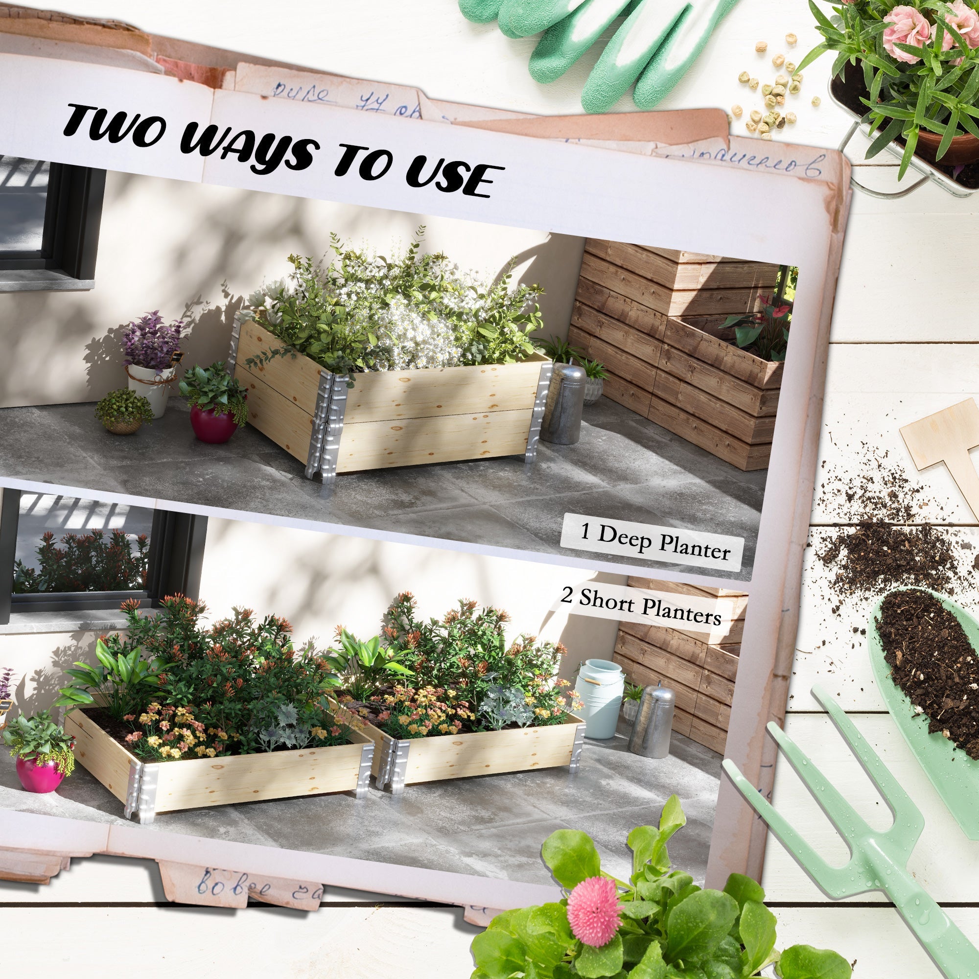 Outsunny Foldable Raised Garden Bed: Two-Box Wooden Planters for Outdoor Veggies/Flowers/Herbs, Easy Assembly 