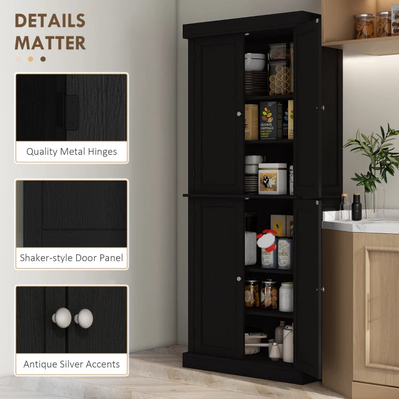 72.5" Freestanding Kitchen Pantry Cabinet with 4 Doors, Black