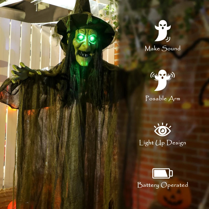 Outsunny Animated Hanging Witch – Voice-Activated, Flashing Eyes & Wicked Laughter, Green Halloween Prop 