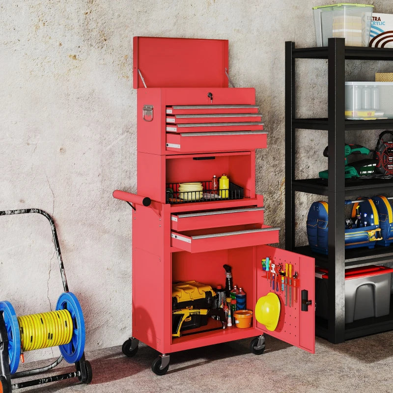 Large Tool Cabinet, 3-in-1 Rolling Tool Chest, Detachable Tool Storage Organizer with 6 Drawers and Pegboard, Red