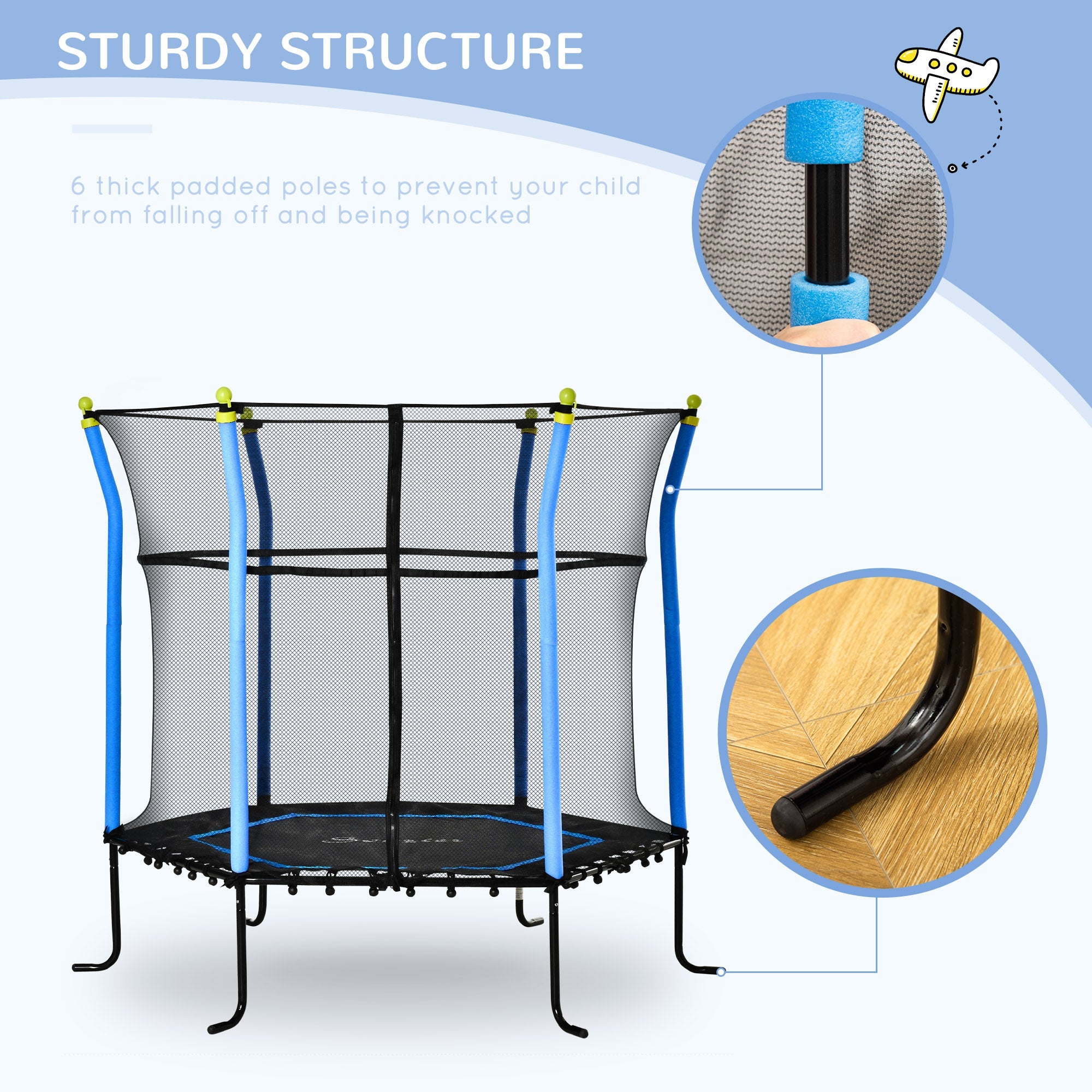 Soozier 63" Kids Trampoline Mini Indoor/Outdoor Bouncer Jumper Enclosure Net Elastic Thick Padded Pole 3-10 Years Blue 