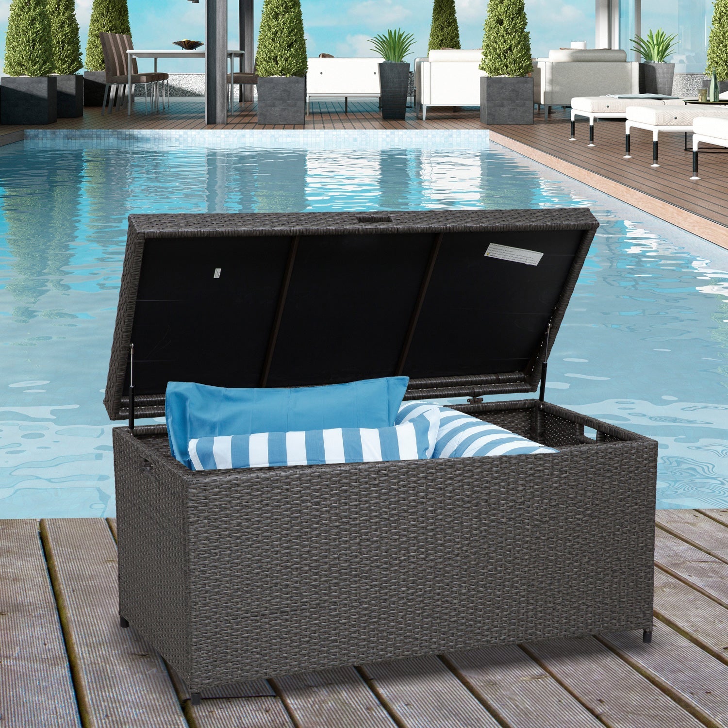 Outsunny Outdoor Storage Box Wicker Patio Deck Bin Rattan Foot Stool w/Steel Frame Large Capacity Rectangle Coffee Table w/Handle 