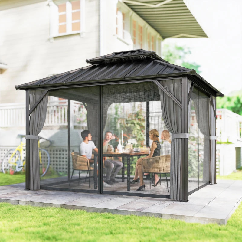 10' x 12' Hardtop Patio Gazebo with Double Galvanized Steel Roof and Aluminum Frame, Outdoor Permanent Gazebo, Dark Grey