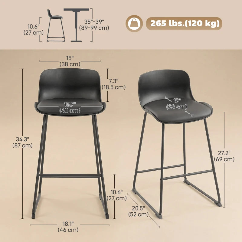 Modern Bar Stools Set of 2, PU Leather Barstools, Counter Height Kitchen Chairs for Breakfast Bars, Dining Room, Black